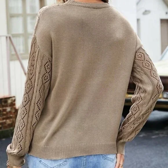 Tan Lace Detailed Long sleeve Knit Sweater  Top - Picture 3 of 4